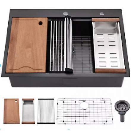 Galaxie 33", Black Kitchen Sink with Cutting Board and Strainer