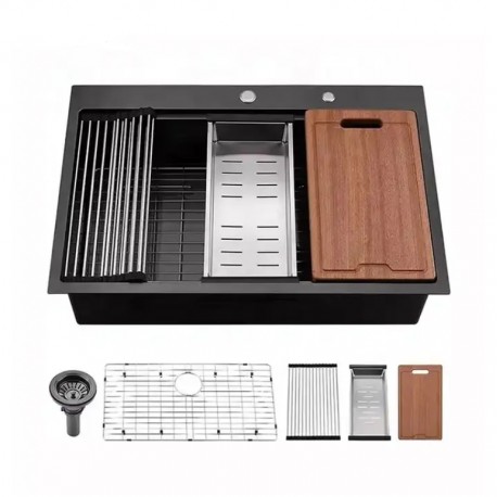 Galaxie 33", Black Kitchen Sink with Cutting Board and Strainer